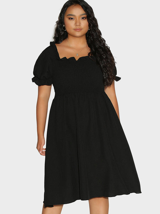 Puff Sleeve Frill Trim Dress