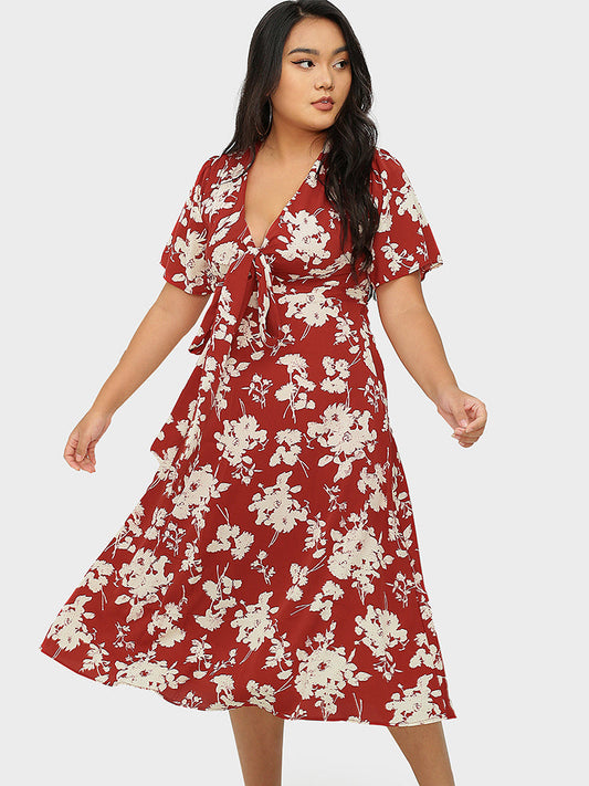 Knot Front V-Neck Floral Dress