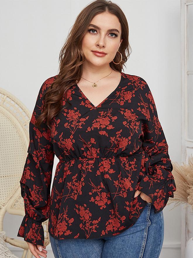 Floral Printed V-neck Tight Waist Blouse
