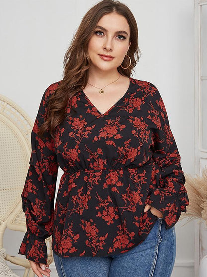 Floral Printed V-neck Tight Waist Blouse