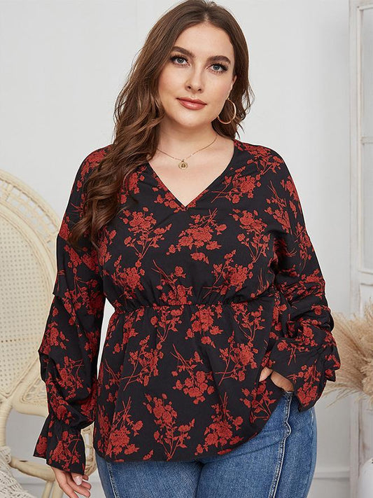 Floral Printed V-neck Tight Waist Blouse