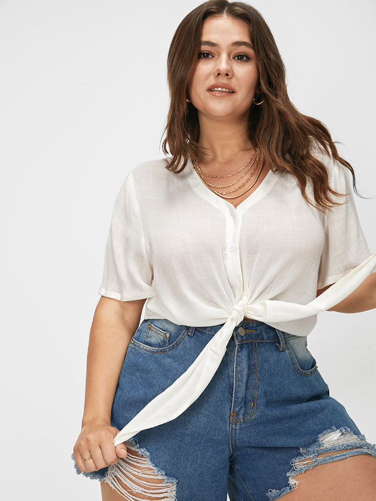 Button Down Tie Front Short Sleeve Blouse