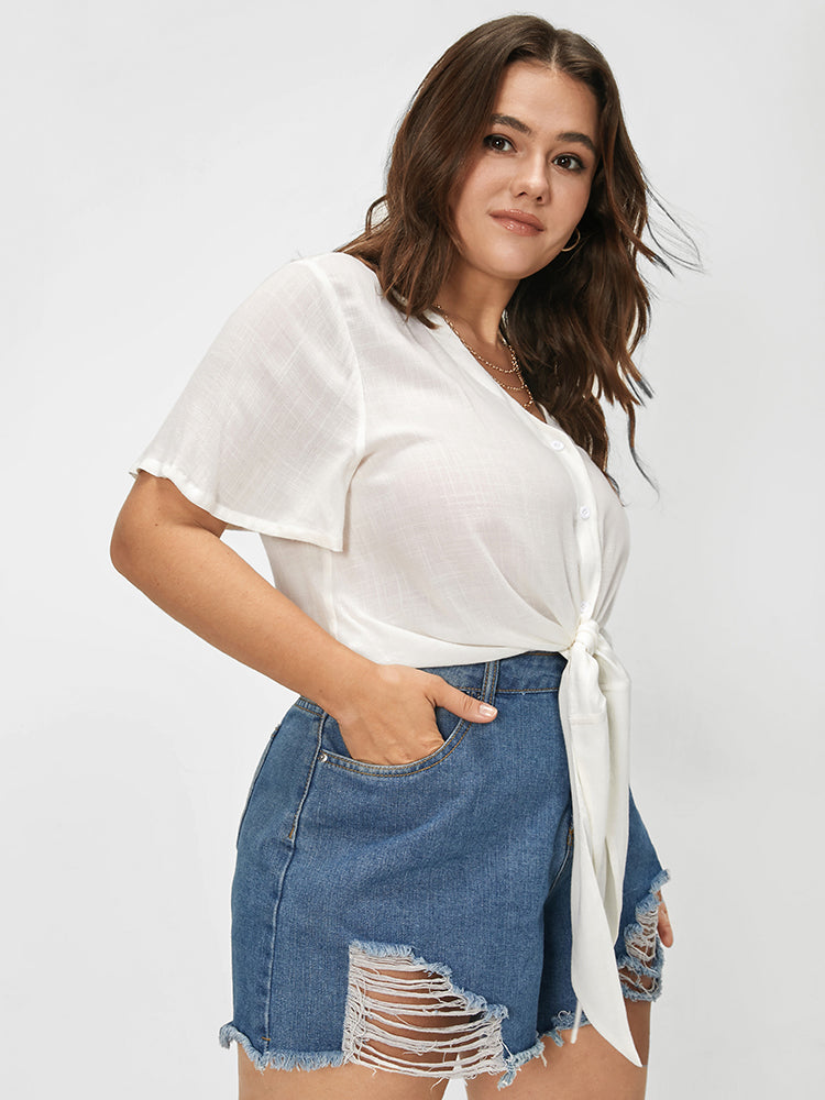 Button Down Tie Front Short Sleeve Blouse