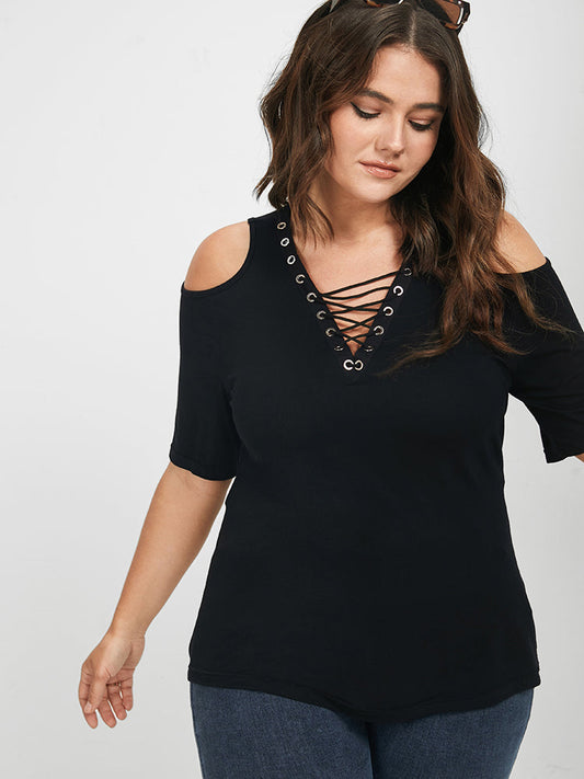 Cold Shoulder Lace Up Black T-shirt