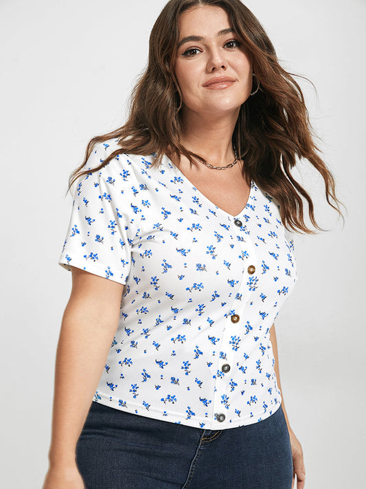 Ditsy Floral V Neck Button Cotton T-shirt