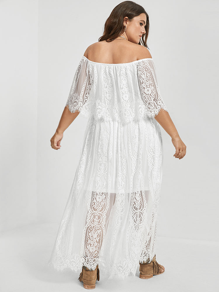 Off Shoulder Lace Flounce Trim Bardot Dress