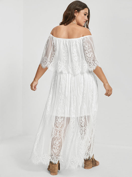 Off Shoulder Lace Flounce Trim Bardot Dress