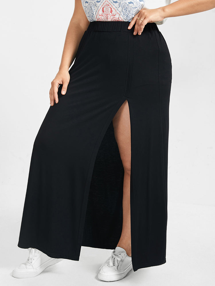 Black Elastic Waist Thigh Split Skirt