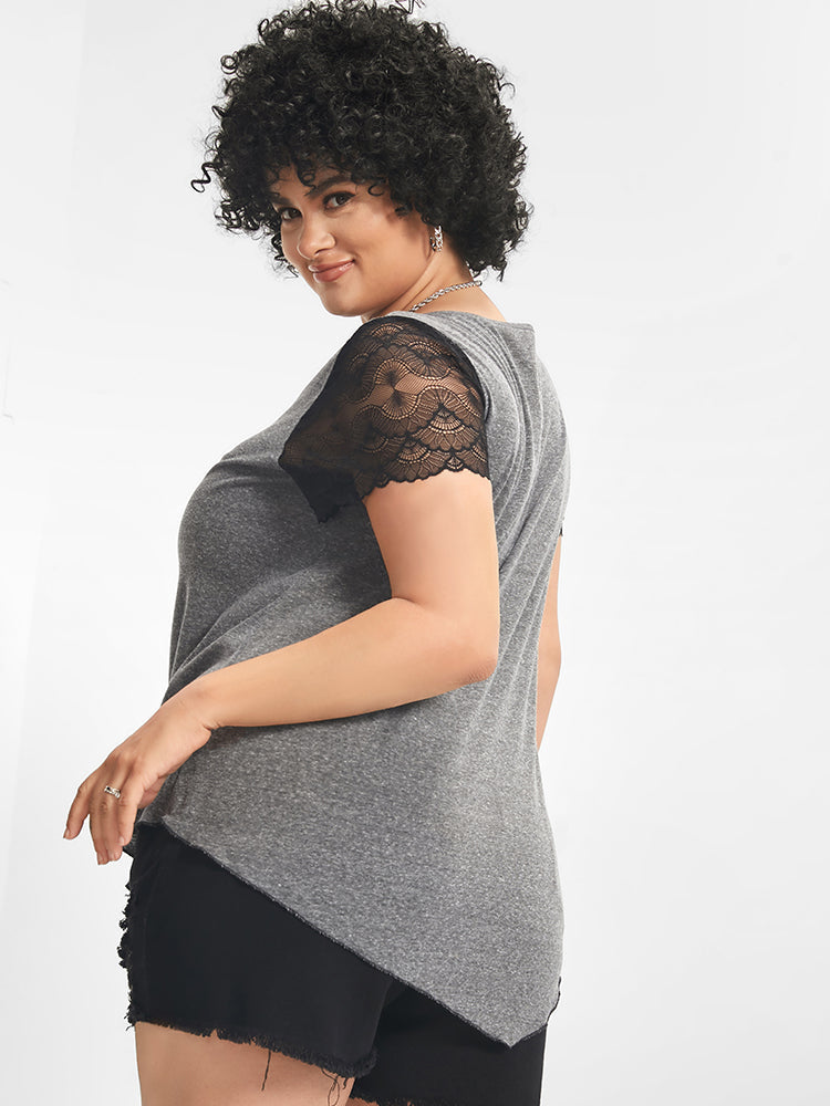 Solid Lace V-Neck Casual T-shirt