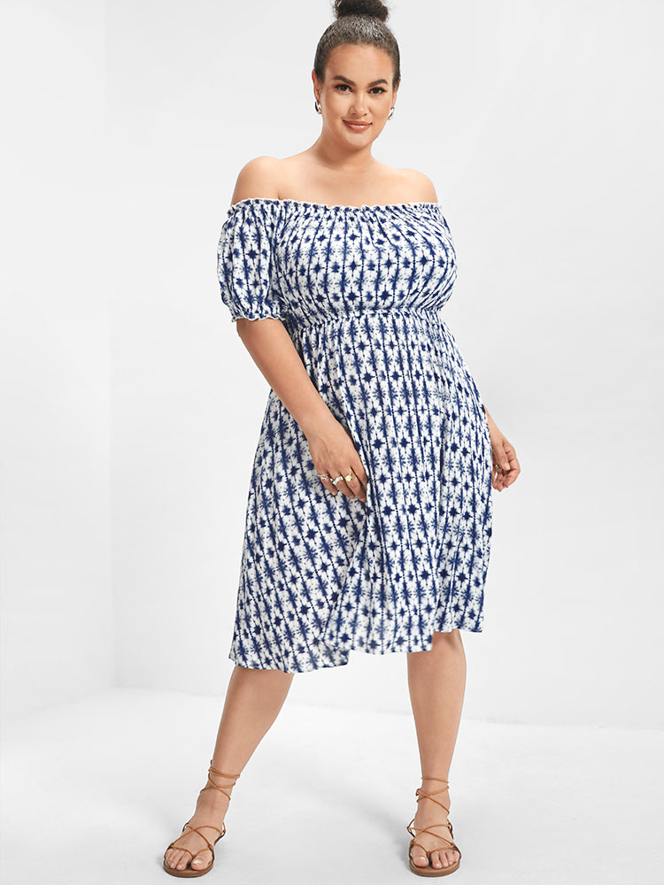 Geo Print Off Shoulder Puff Sleeve Dress