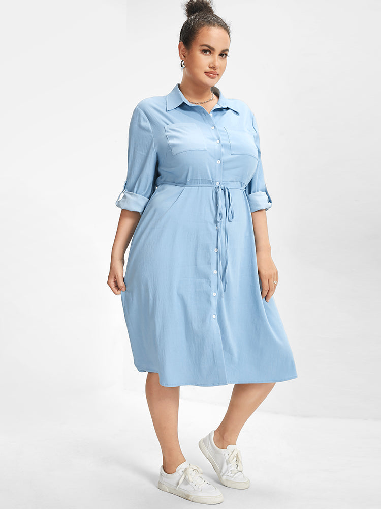 Button Down Drawstring Pocket Shirt Dress