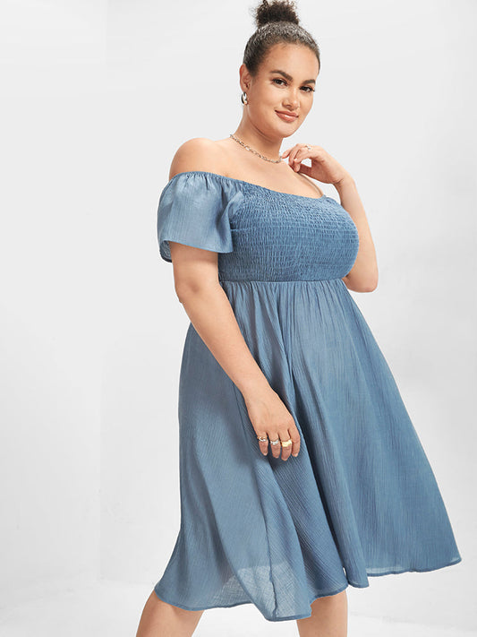 Plain Off Shoulder Shirred Dress