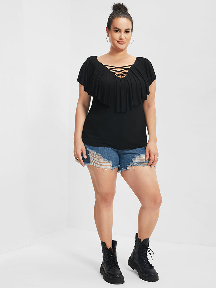 V Neck Crisscross Front Ruffle Sleeve T-shirt