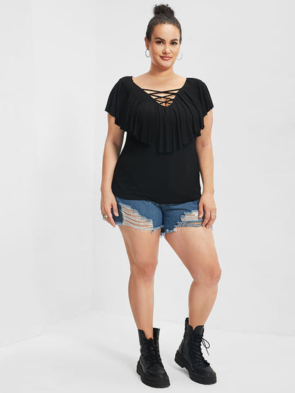 V Neck Crisscross Front Ruffle Sleeve T-shirt