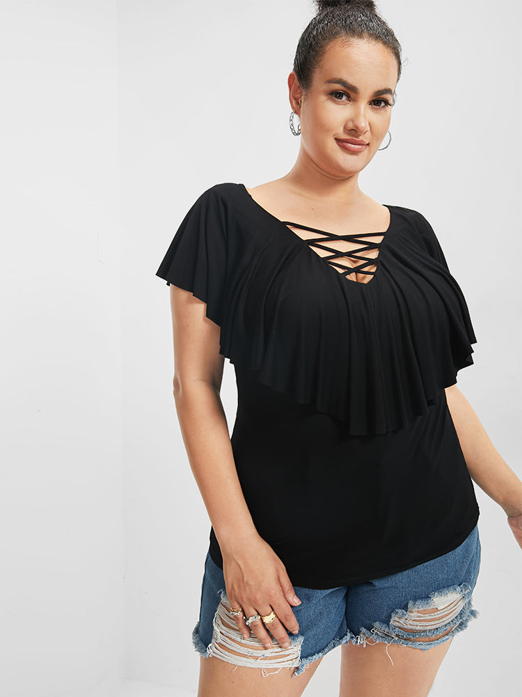V Neck Crisscross Front Ruffle Sleeve T-shirt
