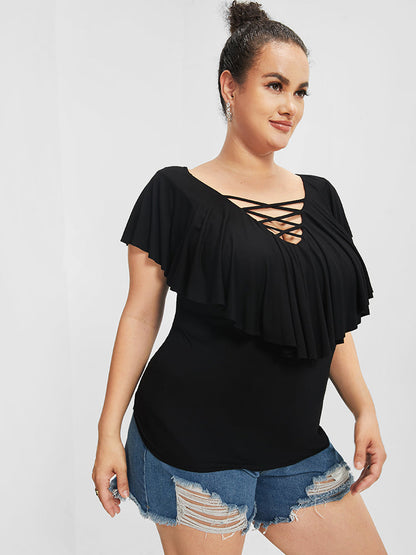 V Neck Crisscross Front Ruffle Sleeve T-shirt