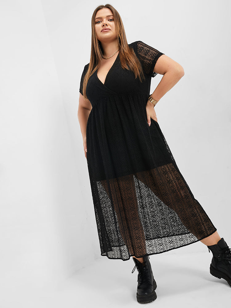 Black V Neck Geo Lace Maxi Dress