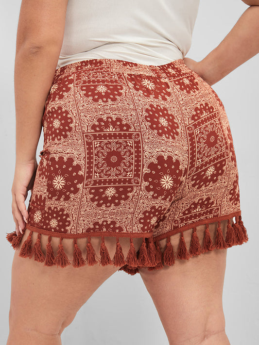 Paisley Pattern Tassels Straight Shorts