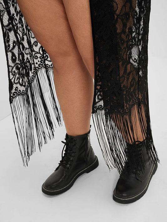 Fringe Hem Floral Crochet Lace Sheer Kimono