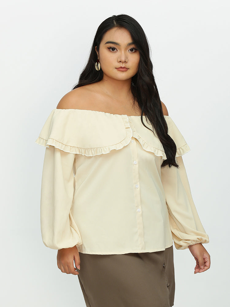 Ruffle Trim Button Lantern Sleeve Blouse