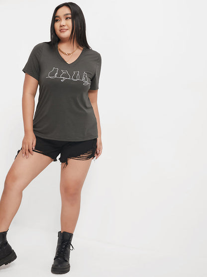 Cat Print V Neck  T-shirt