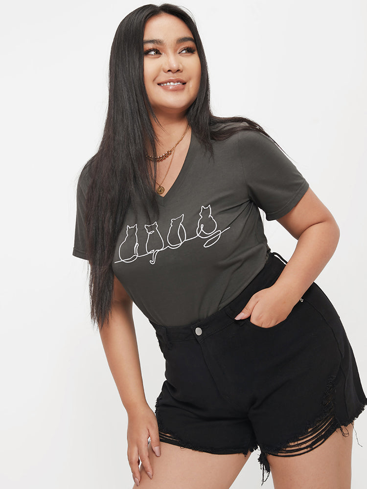 Cat Print V Neck  T-shirt