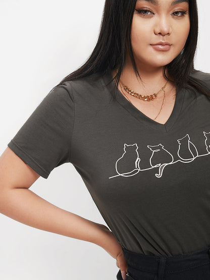 Cat Print V Neck  T-shirt