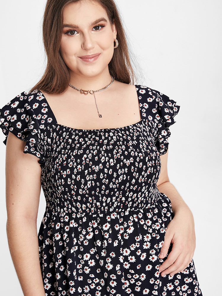 Bloom Dress - Floral Print Ruffle Square Neck Shirred Swing Dress