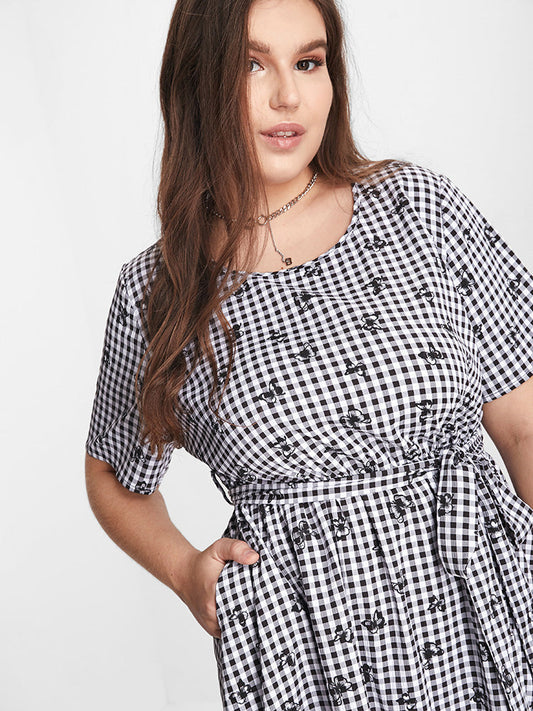 Butterfly & Plaid Print Pocket Belted Dress
