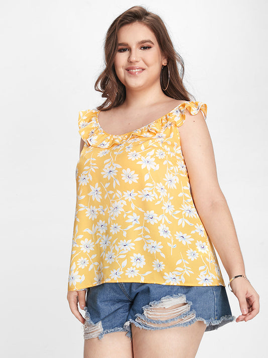 Floral Pattern Ruffles Tank Top
