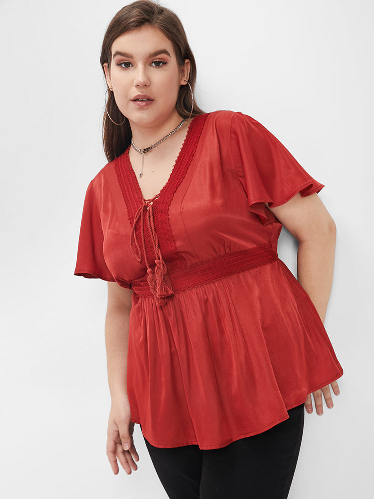 V Neck Tie Babydoll Blouse