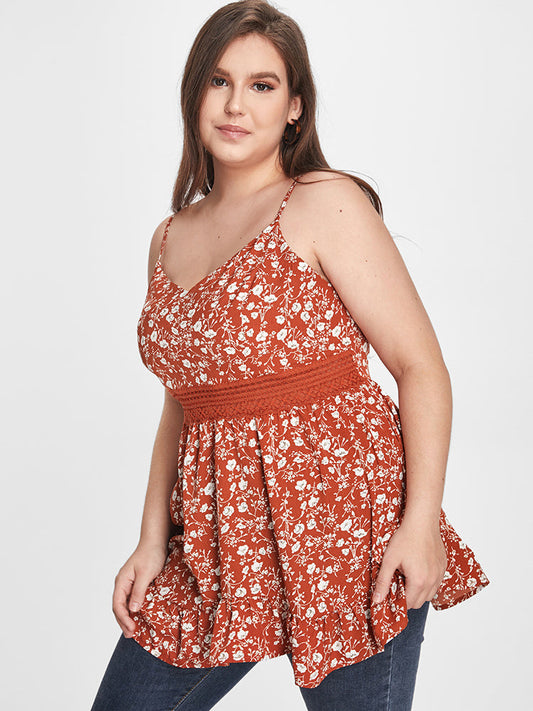 Ditsy Floral Lace Inset Ruffle Tank Top