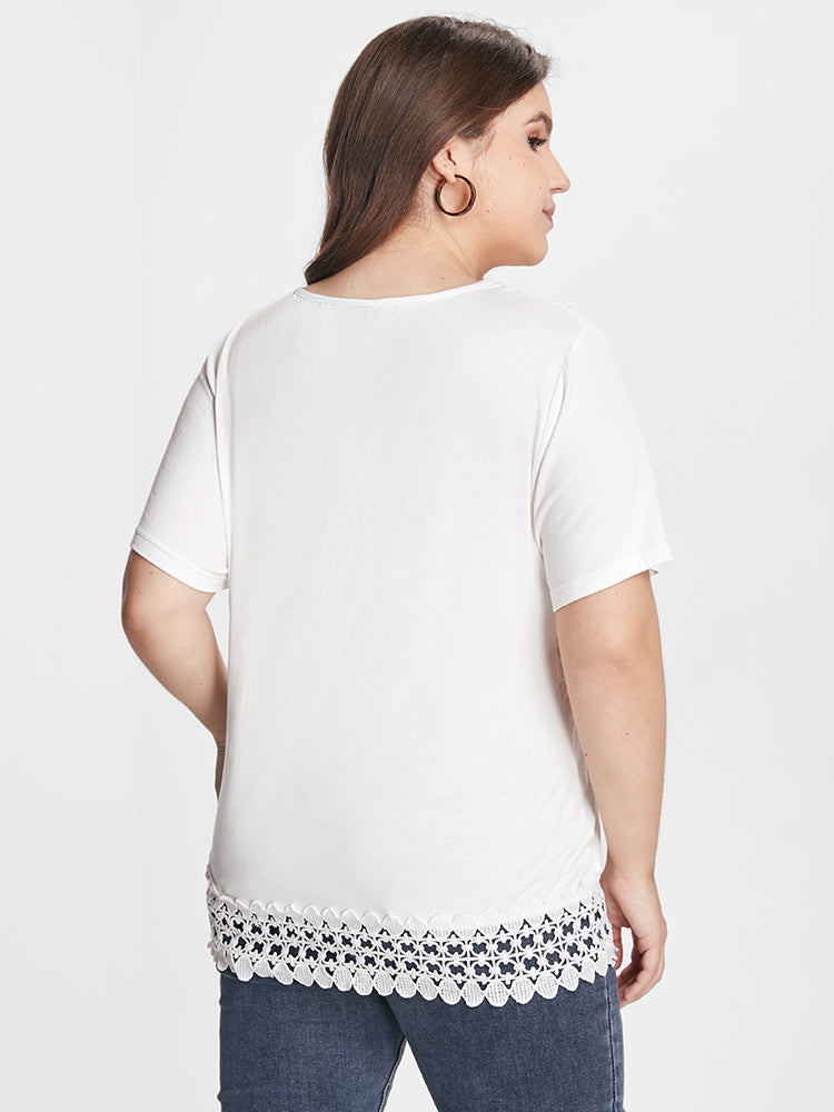 Eyelet Lace Patchwork V Neck T-shirt