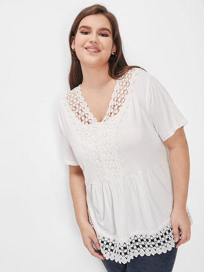 Eyelet Lace Patchwork V Neck T-shirt