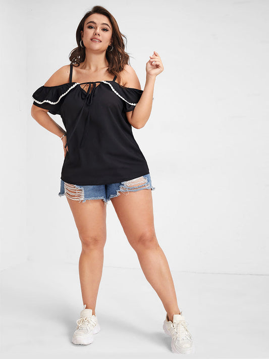 Ruffle Tie Front Cold Shoulder Blouse