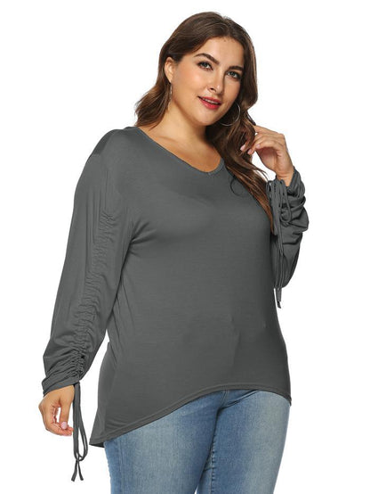 Shirring Sleeve Solid Color T-shirt