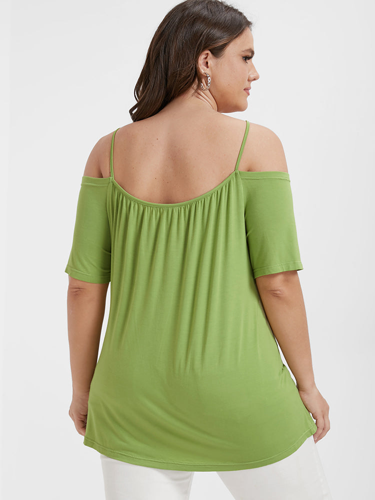 Plain Twist Front Cold Shoulder T-shirt