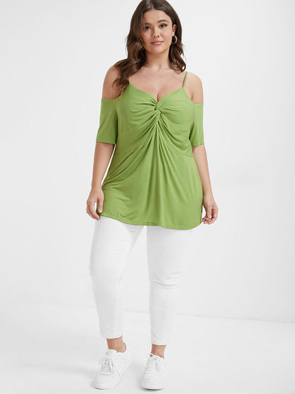 Plain Twist Front Cold Shoulder T-shirt