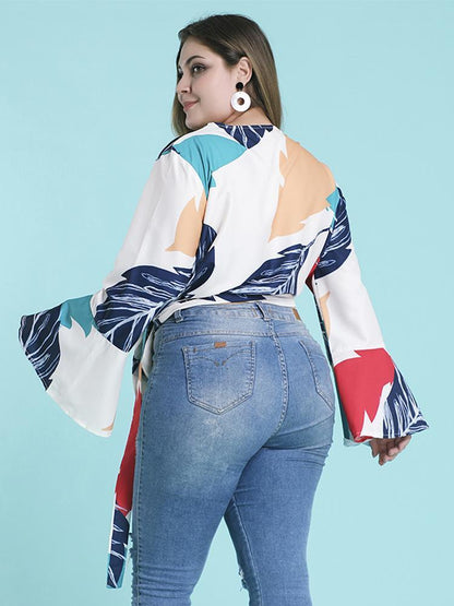 Tropical Printed Deep V-neck Flared Sleeve Top