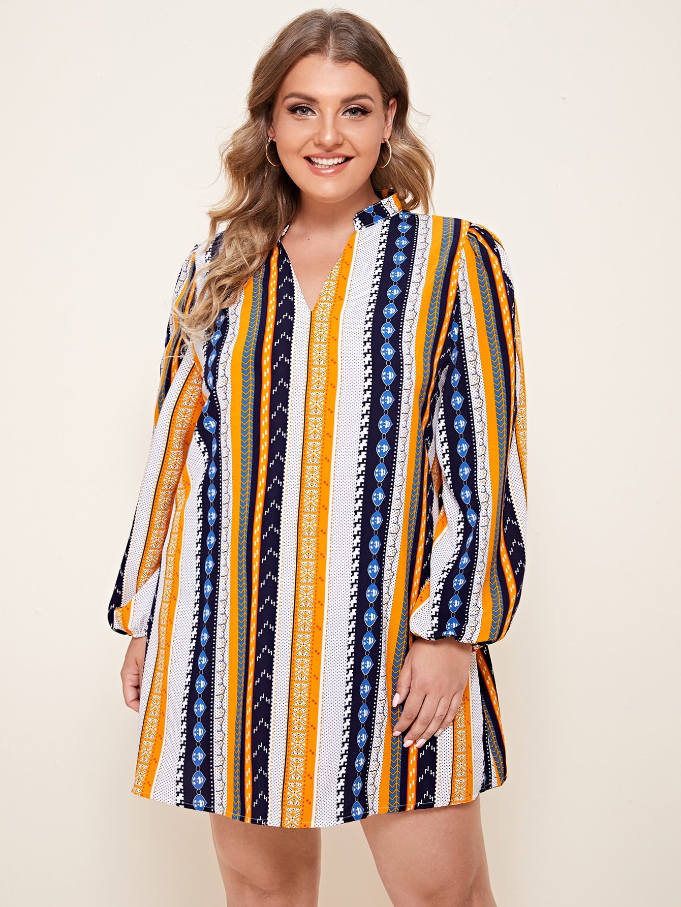 Notched Neck Colorful Stripe Tunic Dress