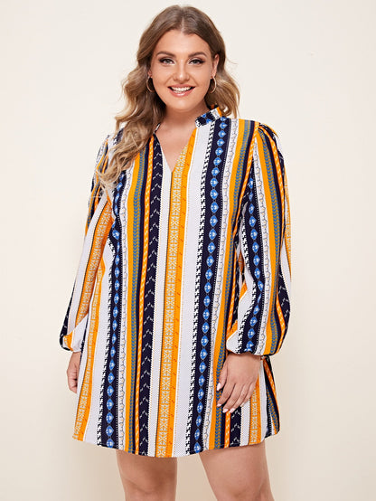 Notched Neck Colorful Stripe Tunic Dress