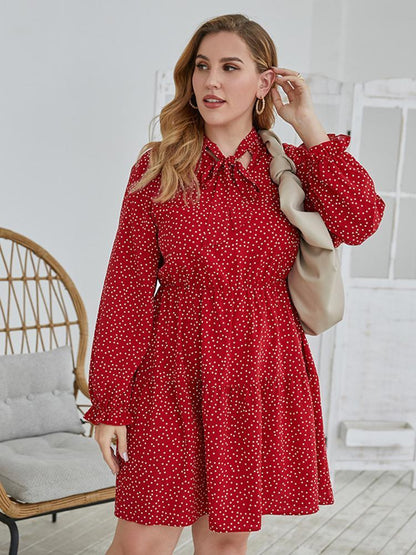 Dot Printed Cravat Pleated Dress