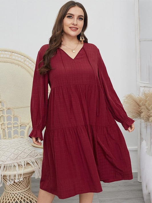 Pleated V-neck Lantern Sleeve Dress