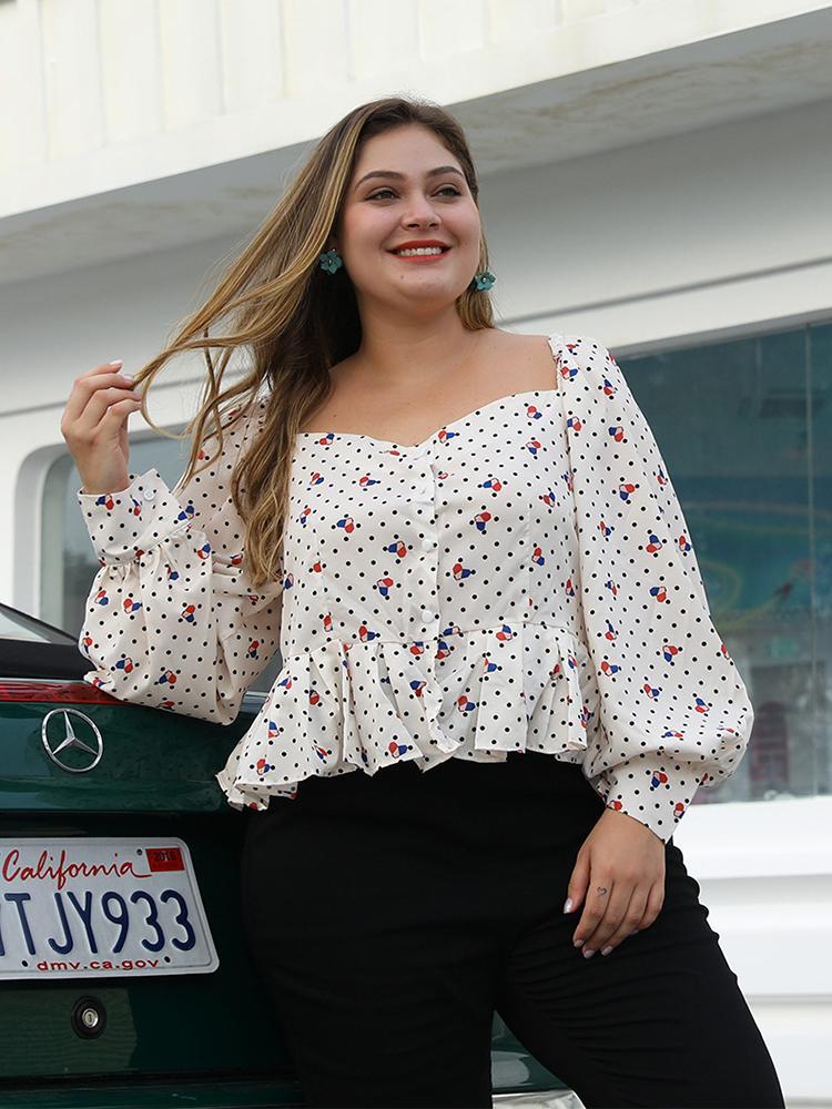 Polka Dot Lantern Sleeve Blouse