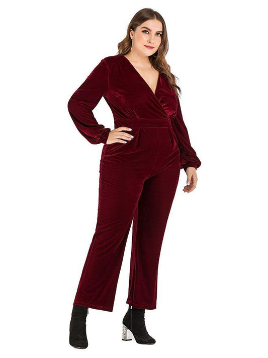 Velvet V-neck Solid Color Jumpsuits
