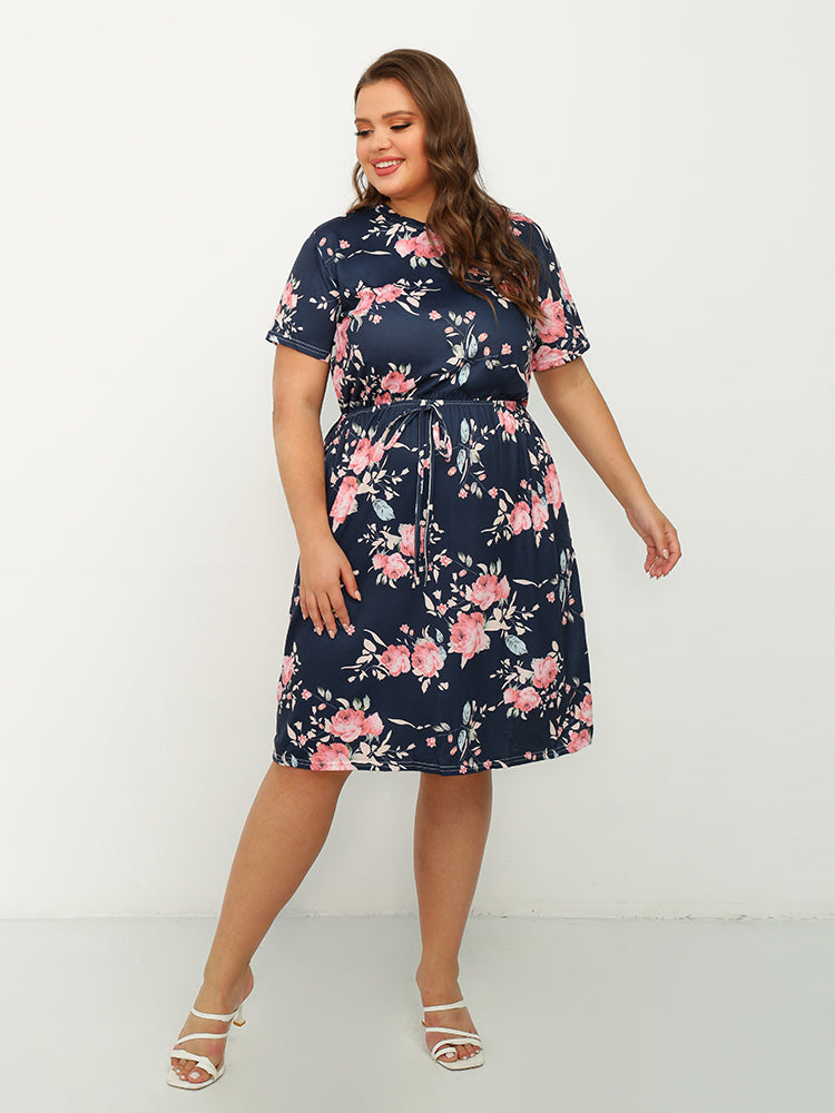 Floral Round Neck Short Sleeve Dress