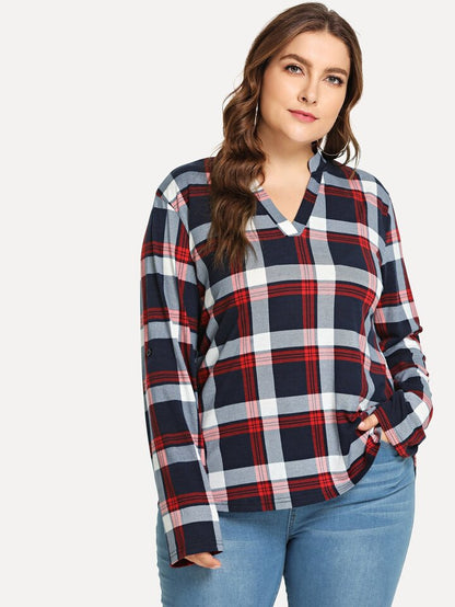 V-Neck Plaid Blouse