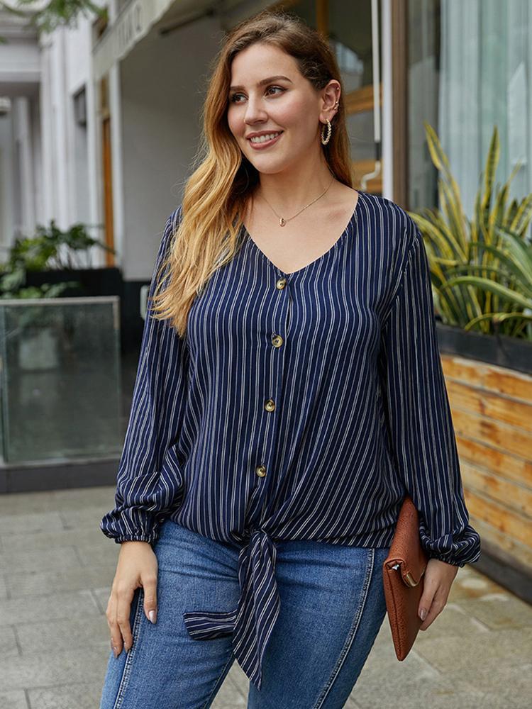 Striped V-neck Knot Blouse