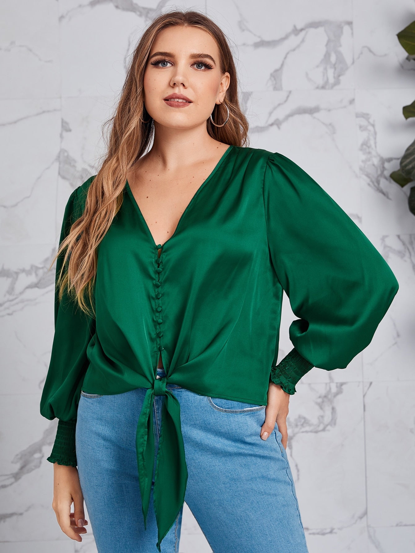 Knot Hem Shirred Detail Lantern Sleeve Satin Top