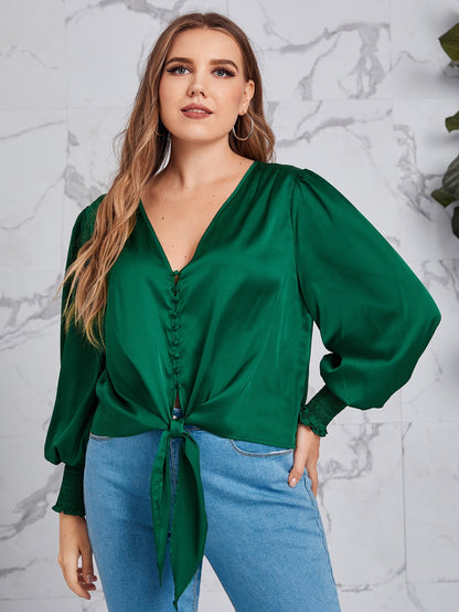 Knot Hem Shirred Detail Lantern Sleeve Satin Top